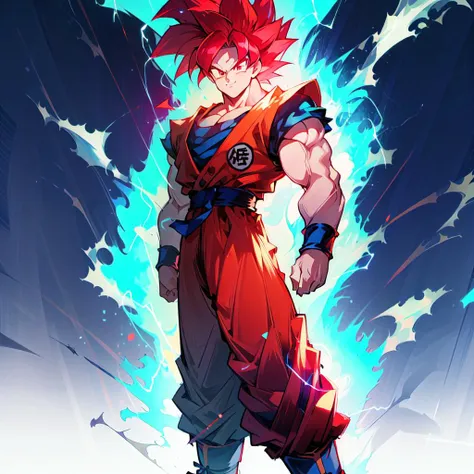 highres, HD quality, (best quality),((masterpiece)), vibrant colors, son goku, 1boy,blue wristband, closed mouth, dougi, hair strand, ((male focus)), muscular, muscular male, pectorals, solo, spiked hair, wristband, (pupils),TurtleSchoolUniform, dougi, belt, orange pants, blue footwear,aura, electricity,smile,red eyes, red hair, super saiyan, super saiyan god, upper body, standing.<lora:SonGokusOutfit:.6> <lora:Char-Goku:1>
