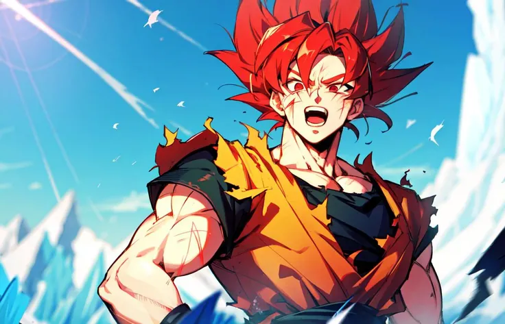 son goku, (solo), 1boy, battle damage, (best quality), muscular, blue sky, blurry, blurry background, glacier, (vibrant colours), male focus, open mouth, red eyes, red hair, sky, solo, super saiyan, super saiyan god, torn clothes, (good hands), (masterpiece), anatomy, <lora:sonGokuLora_offset:1>