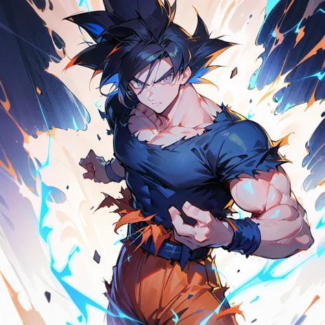highres, HD quality, (best quality),((masterpiece)), vibrant colors, son goku, 1boy,blue wristband, closed mouth, dougi, hair strand, blue shirt,torn clothes,((male focus)), ((muscular)), muscular male, pectorals, solo, spiked hair, wristband, black hair, (pupils),TurtleSchoolUniform,belt, ((grey eyes)),orange pants, blue footwear,white aura, electricity,torn clothes, ultra instinct, v-shaped eyebrows, upper body, standing, <lora:Char-Goku:1>