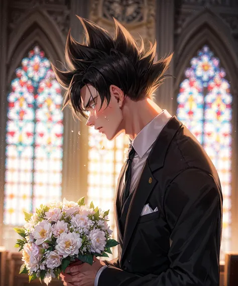 flower, male focus, black hair, spiked hair, white flower, formal, son goku, bald, holding, crying, holding flower, suit, necktie, bouquet, multiple boys, vegeta, tears, backlighting, black jacket, shirt, profile, crying with eyes open, jacket, black necktie, holding bouquet, black eyes, solo focus, white shirt, long sleeves, upper body, from side, black suit, closed mouth, tears, in church <lora:son_goku_offset:0.8>