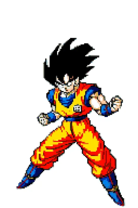 (toriyama akira), son_goku, turtle uniform, orange clothes, black hair, spiky hair, base form, base_form, clear face, detailed eyes, clean hands, anatomical, dragon ball, (dragon ball z), full body, hero, villain, high definition, looking at viewer, official art, serious expression, (((blank background))), solo, (((one person))), solid background, full body character, transparent background, pixel art, colorful <lora:akiraToriyamaStyle_toriyamaAkira3:0.75> <lora:pixel_f2:0.4> <lora:son_goku:0.6>