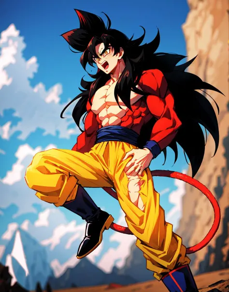son goku, son goku gt, (solo), 1boy, battle damage, (best quality), muscular, blue sky, blurry, blurry background, mountains of earth, (vibrant colours), pupils, male focus, open mouth, yellow eyes, ((black hair)), sky, solo, super saiyan 4, dragon ball gt, yellow pants, black boots, blue ribbon, red fur coat, red saiyan tail, (very long hair), (red eyeliner), (good hands), (masterpiece), anatomy, <lora:sonGokuLora_offset:1>