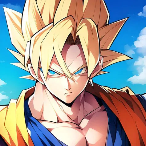 (masterpiece), (best quality), solo
detailed eyes,looking at viewer,
blue sky, 1male,
son goku, blond hair, blue eyes, super saiyan, blue wristband, muscular, spiked hair, upper body,
<lora:sonGokuLora_offset:0.8>