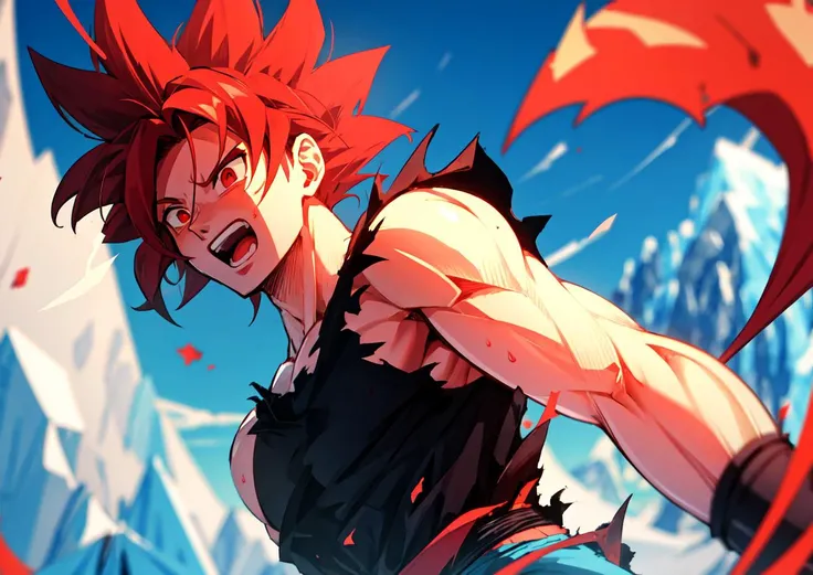 son goku, (solo), 1boy, battle damage, (best quality), muscular, blue sky, blurry, blurry background, glacier, (vibrant colours), male focus, open mouth, red eyes, red hair, sky, solo, super saiyan, super saiyan god, torn clothes, (good hands), (masterpiece), anatomy, <lora:sonGokuLora_offset:1>