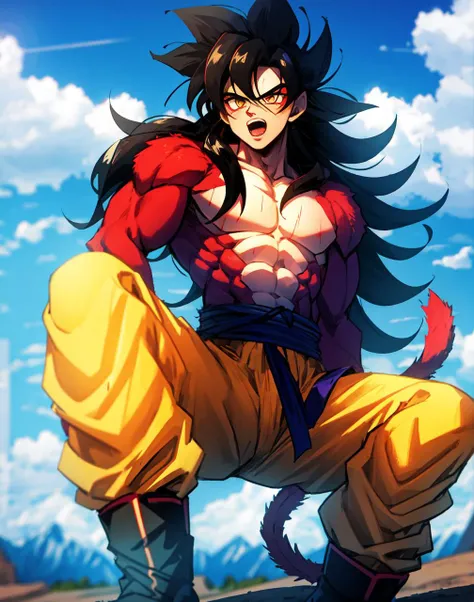 son goku, son goku gt, (solo), 1boy, battle damage, (best quality), muscular, blue sky, blurry, blurry background, mountains of earth, (vibrant colours), pupils, male focus, open mouth, yellow eyes, ((black hair)), sky, solo, super saiyan 4, dragon ball gt, yellow pants, black boots, blue ribbon, some red fur on arms and chest, red saiyan tail, (very long hair), (red eyeliner), (good hands), (masterpiece), anatomy, <lora:sonGokuLora_offset:1>