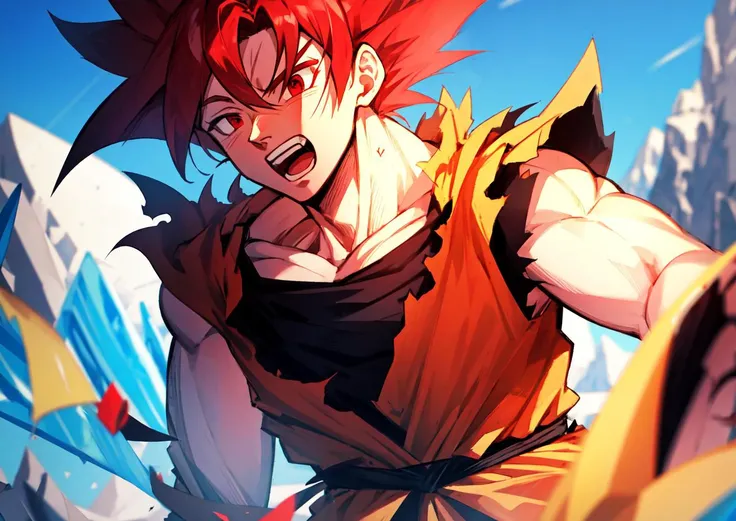 son goku, (solo), 1boy, battle damage, (best quality), muscular, blue sky, blurry, blurry background, glacier, (vibrant colours), male focus, open mouth, red eyes, red hair, sky, solo, super saiyan, super saiyan god, torn clothes, (good hands), (masterpiece), anatomy, <lora:sonGokuLora_offset:1>