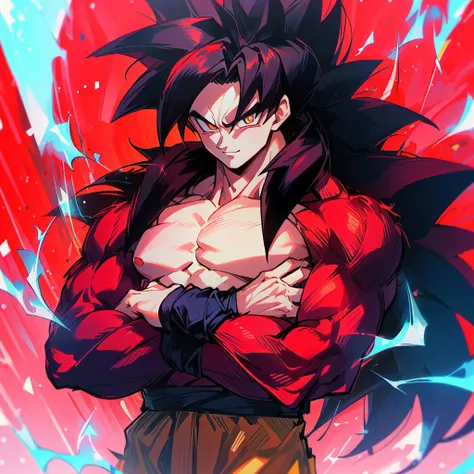 highres, HD quality, (best quality),((masterpiece)), vibrant colors, son goku, son goku gt,1boy,closed mouth, solo, super saiyan 4, dragon ball gt, yellow pants, black boots, blue ribbon, ((some red fur on arms and chest)), red saiyan tail, (very long hair), (red eyeliner),male focus, muscular, muscular male, pectorals, solo, spiked hair,((black hair)), (((pupils))),yellow eyes,standing,spiked hair, red aura, electricity, smile,upper body,<lora:Char-Goku:1>