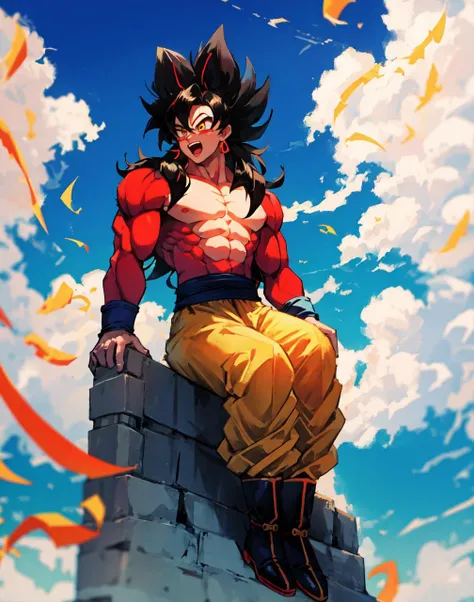 son goku, son goku gt, (solo), 1boy, battle damage, (best quality), (Goku sitting on the flying cloud:1), yellow cloud, (flying cloud flying over the skies), (Dragon Ball flying cloud:1), muscular, blue sky, blurry, blurry background, mountains of earth, (vibrant colours), pupils, male focus, open mouth, yellow eyes, ((black hair)), sky, solo, super saiyan 4, dragon ball gt, yellow pants, black boots, blue ribbon, some red fur on arms and chest, red saiyan tail, (very long hair), (red eyeliner), (good hands), (masterpiece), anatomy, <lora:sonGokuLora_offset:1>