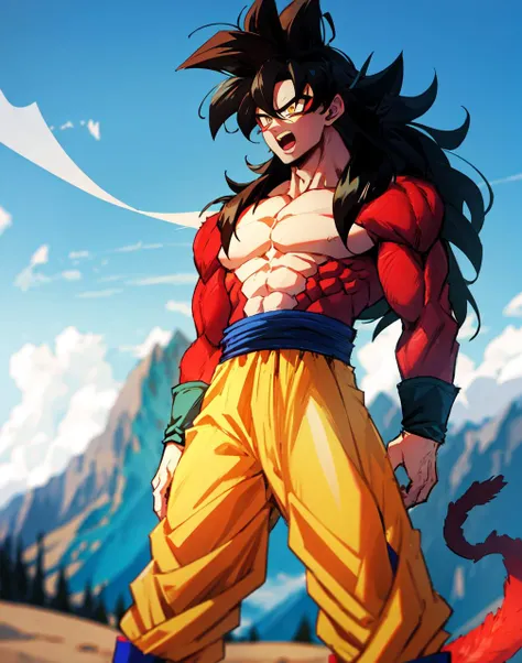 son goku, son goku gt, (solo), 1boy, battle damage, (best quality), muscular, blue sky, blurry, blurry background, mountains of earth, (vibrant colours), pupils, male focus, open mouth, yellow eyes, ((black hair)), sky, solo, super saiyan 4, dragon ball gt, yellow pants, black boots, blue ribbon, some red fur on arms and chest, red saiyan tail, (very long hair), (red eyeliner), (good hands), (masterpiece), anatomy, <lora:sonGokuLora_offset:1>