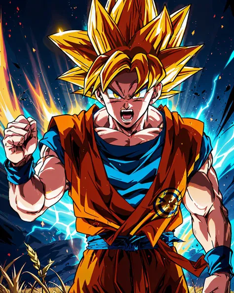 <lora:sonGokuDragonBallZSuper_v10:.8>, anime, son goku, 1boy, glowing eyes, yellow hair, blue wristband, dougi, muscular, mouth open, solo, spiked hair, wristband, cowboy shot, screaming, aura, yellow aura, dirt, grass, daytime, clenched fists