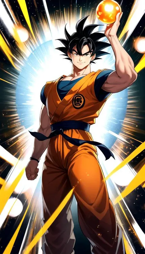 son goku holding his hands in the air with a ball of energy above his hands, (((1boy))), in the center of the image, realistic, 4k, best quality, highest quality, muscular, powerful, base_form, black eyes, black hair, orange dougi, smirk, upper body view, looking at viewer, serious expression, powerful aura like background, <lora:son_goku_offset:1>