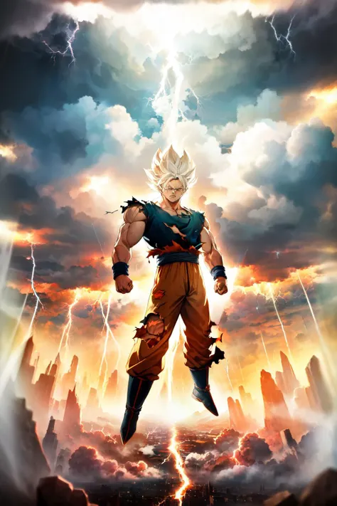 (masterpiece, best quality, ultra detailed,8k), detailed face, hill, cloud, sky, god rays, son goku, super saiyan, mad, brave, torn clothes, unleashed, ((floating on sky)), full body photo, overpowers, strong, ((surrounded by lightning)), <lora:model\sd1.5\son_goku_offset.safetensors:1.0:1.0>