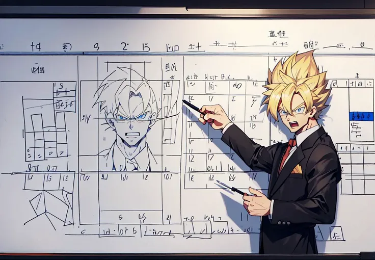 son goku, super saiyan, blonde hair, wearing a business suit, (((1boy, solo))), yelling, angry, (((pointing with a black pointer stick in right hand at white board))), (((whiteboard filled with numbers and charts))), left hand in closed fist, looking at the viewer, ((office environment background)), mature face, muscular body, (((perfecteyes eyes))), blue eyes, <lora:son_goku_offset:1>, <lora:lora_perfecteyes_v1_from_v1_160:0.3>