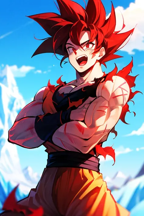 son goku, 1boy, battle damage, muscular, blue sky, blurry, blurry background, glacier, male focus, open mouth, red eyes, red hair, sky, solo, super saiyan, super saiyan god, torn clothes, ((masterpiece)) <lora:sonGokuLora_offset:1>