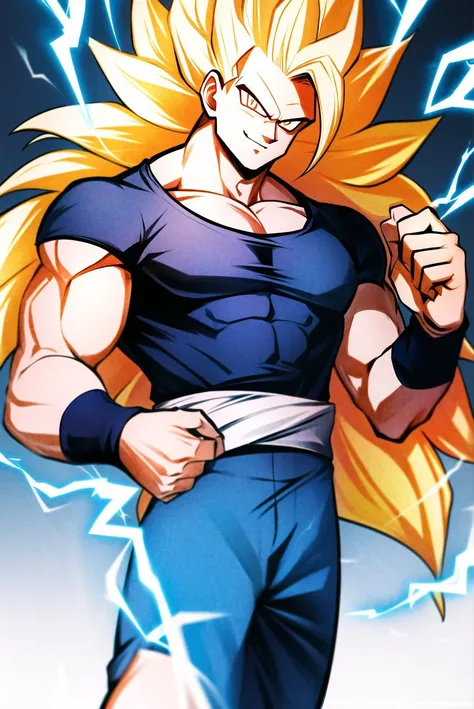 son goku, 1boy, aura, biceps, blonde hair, blue sash, blue shirt, blue wristband, clenched hands, cowboy shot, dougi, electricity, energy, hands up, long hair, looking at viewer, male focus, muscular, muscular male, no eyebrows, parted lips, pectorals, sash, shirt, smile, smirk, solo, spiked hair, standing, super saiyan, super saiyan 3, v-shaped eyebrows, very long hair, wristband, yellow eyes, very long hair, ((masterpiece)) <lora:son_goku_offset:1.2>