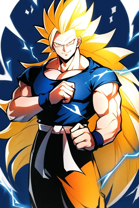 son goku, 1boy, aura, biceps, blonde hair, blue sash, blue shirt, blue wristband, clenched hands, cowboy shot, dougi, electricity, energy, hands up, long hair, looking at viewer, male focus, muscular, muscular male, no eyebrows, parted lips, pectorals, sash, shirt, smile, smirk, solo, spiked hair, standing, super saiyan, super saiyan 3, v-shaped eyebrows, very long hair, wristband, yellow eyes, very long hair, ((masterpiece)) <lora:son_goku_offset:1.2>