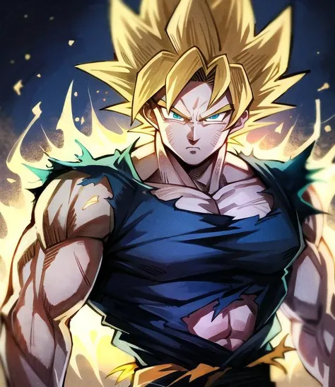 son goku, 1boy, battle damage, solo, torn clothes, <lora:sonGokuLora_offset:0.8> looking straight, very detailed, hd, masterpiece, 8k, professional, symmetrical, (detailed eyes, eye iris:0.5), (looking at the camera:0.8) , blue eyes, yellow hair, super saiyan 2, SSj2, sparking