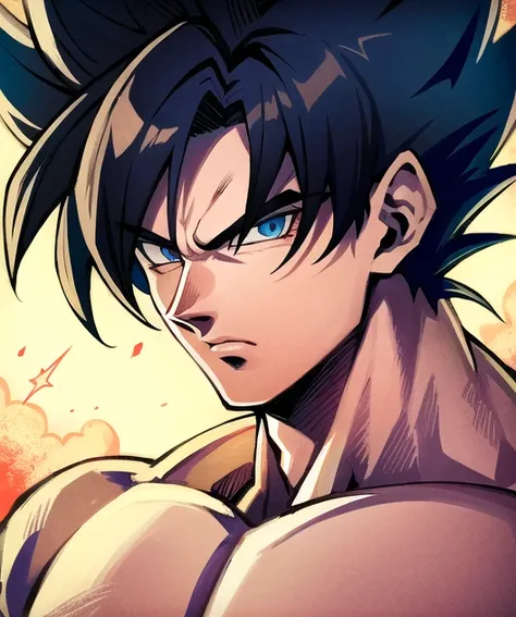 son goku, 1boy, battle damage, muscular, solo, torn clothes, <lora:sonGokuLora_offset:0.8> looking straight, very detailed, hd, masterpiece, 8k, professional, symmetrical, (detailed eyes, eye iris:1.2), (looking at the camera:0.8) in the style of dragon ball z, blue eyes, yellow hair, super saiyan 2, SSj2, sparking