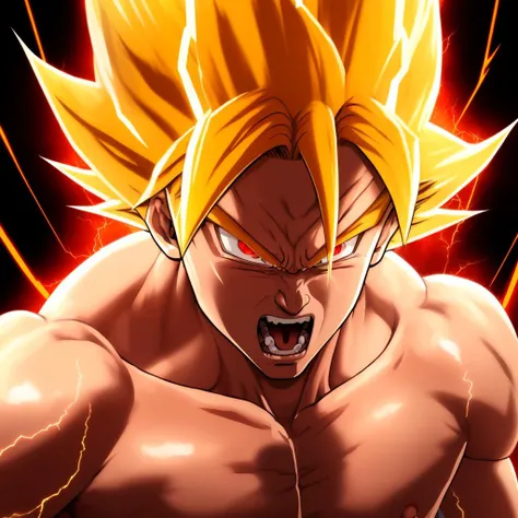 masterpiece, best quality, 8k, high res., <lora:sonGokuLora_offset:1>, son goku, blonde hair, topless, (angry looking), red eyes shiny, lightning rocks background, vivid color, shadow, absurdres