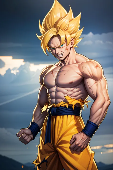 (masterpiece, best quality), intricate details, 8k, artstation, wallpaper, official art, splash art, storm in background, sharp focus, 1boy, (photorealistic:1.2) (bokeh) (best quality) (detailed skin:1.3) (intricate details) (8k) (detailed eyes) (sharp focus) son goku, angry, battle damage, blonde hair, blue sash, clenched teeth, furious, green eyes, male focus, muscular, muscular male, pectorals, sash, solo, spiked hair, super saiyan, super saiyan 1, teeth, topless male, torn clothes, wristband, <lora:son_goku_offset:1>