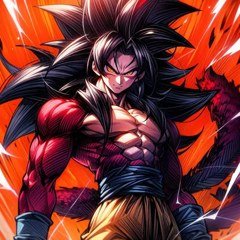 highres, <lora:Style-add_detail:2>,High quality,(Beautiful), ((masterpiece)),vibrant colors, son goku, son goku gt,1boy,closed mouth, solo, super saiyan 4, dragon ball gt, yellow pants, black boots, blue ribbon, ((some red fur on arms and chest)), red saiyan tail, (very long hair), (red eyeliner),male focus, muscular, muscular male, pectorals, solo, spiked hair,((black hair)), (pupils),yellow eyes,standing,spiked hair, red aura, electricity, smile,upper body,red eyeliner,<lora:Char-Goku:1>