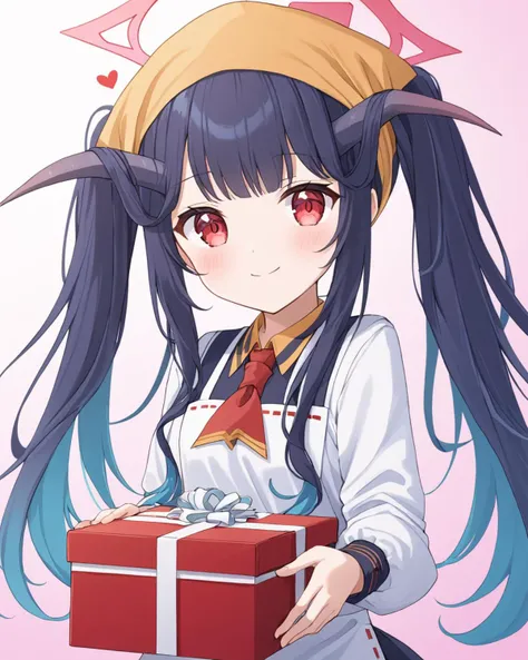 fuuka \(blue archive\),1girl, horns, solo, apron, halo, twintails, heart, looking_at_viewer, smile, head_scarf, hair_on_horn, heart-shaped_box, valentine, blush, school_uniform, orange_headwear, gift
<lora:fuuka_(blue_archive)_image510_2023-11-23-000012:1>. gorgeous,key visual, vibrant, studio anime,award-winning, professional, highly detailed,high budget, cinemascope