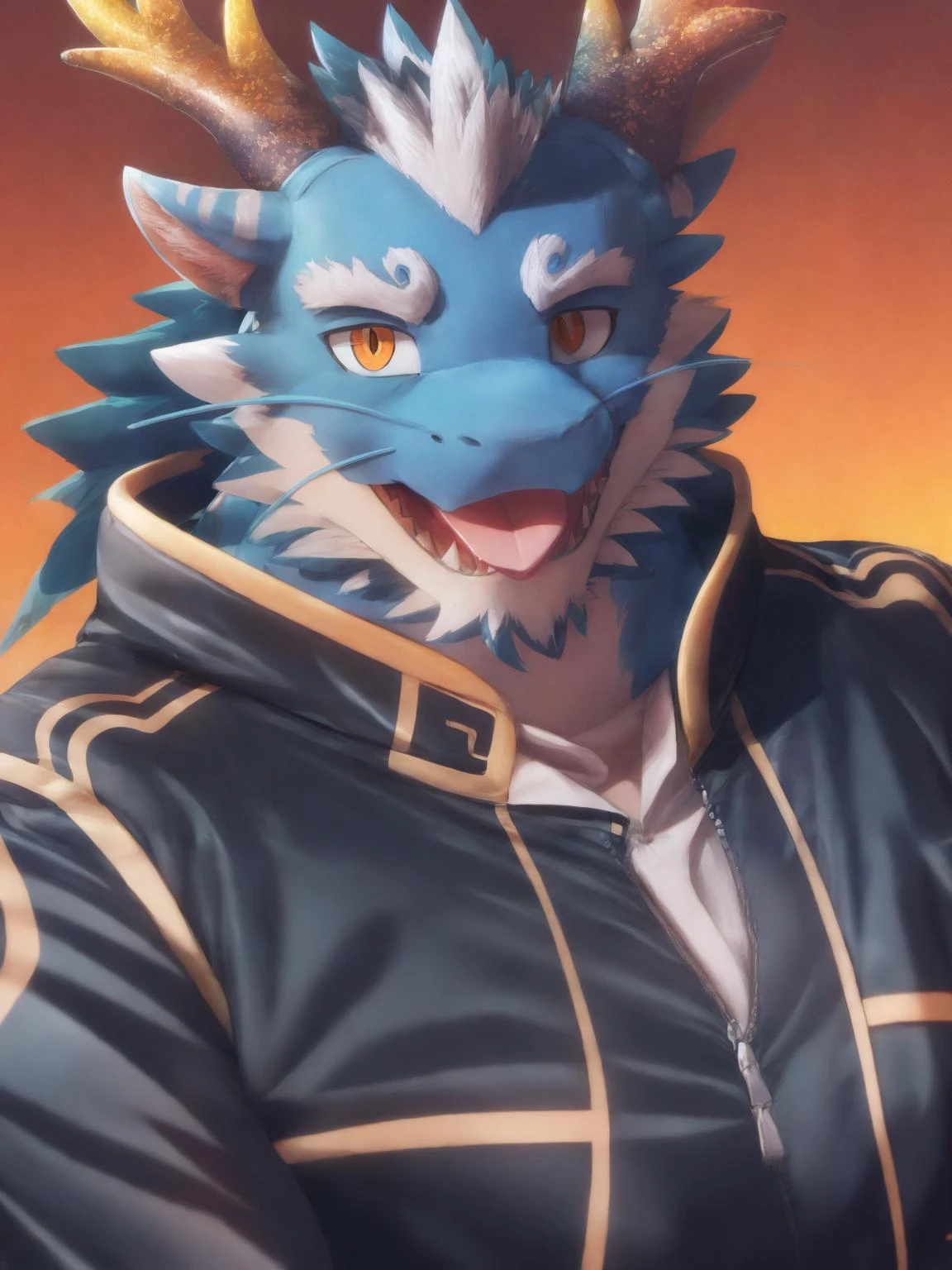 close-up, male focus, qinglong, eastern dragon, orange eyes, blue body, spiked hair, antlers, wearing jacket, pants, pose, looking at viewer, open smile512, tongue out, kemono, 3d <lora:qinglong-09:1>