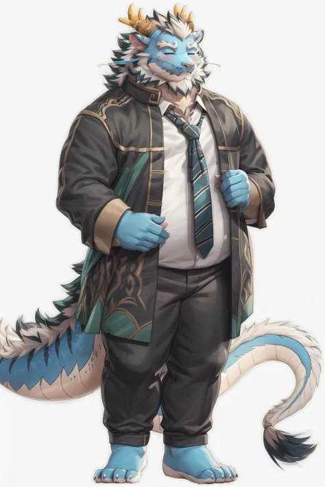 qinglongtas, musclegut, orange eyes, (pose:1.3), (posing:1.3), (soft shading), 4k, hi res, ((detailed face, (detailed eyes:1.0), detailed)), (full body), by zackarry911, by zaush, (by personalami:0.5), looking at viewer, smile, open mouth, shirt, 1boy, braid, male focus, thighs, necktie, teeth, pants, thick thighs, pink background, sharp teeth, bulge, fighting stance, partially unbuttoned, pectoral cleavage, beckoning