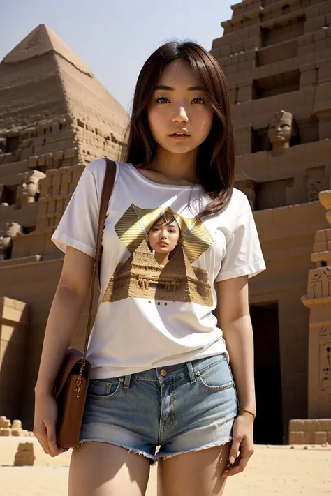 <lora:mayumi_yamanaka_obj20:0.5>, full_body, standing, sandals, t-shirt, shorts, (egypt pyramids), (mayumi_yamanaka: 1.1), perfect face, (contact iris: 1.1), pale skin, skin pores , depth of field