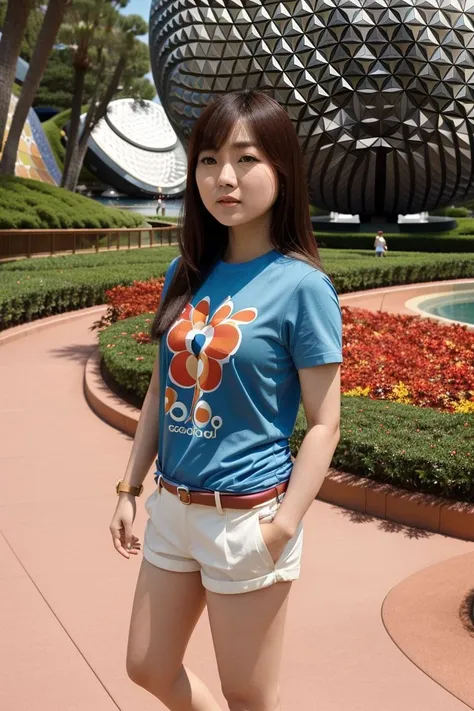 <lora:mayumi_yamanaka_obj20:0.5>, full_body, standing, sandals, t-shirt, shorts, (epcot center: 1.2), (mayumi_yamanaka: 1.2), perfect face, (contact iris: 1.1), pale skin, skin pores , depth of field