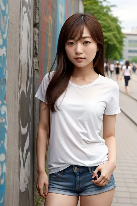 <lora:mayumi_yamanaka_obj20:0.5>, full_body, standing, sandals, t-shirt, shorts, (berlin wall), (mayumi_yamanaka: 1.1), perfect face, (contact iris: 1.1), pale skin, skin pores , depth of field