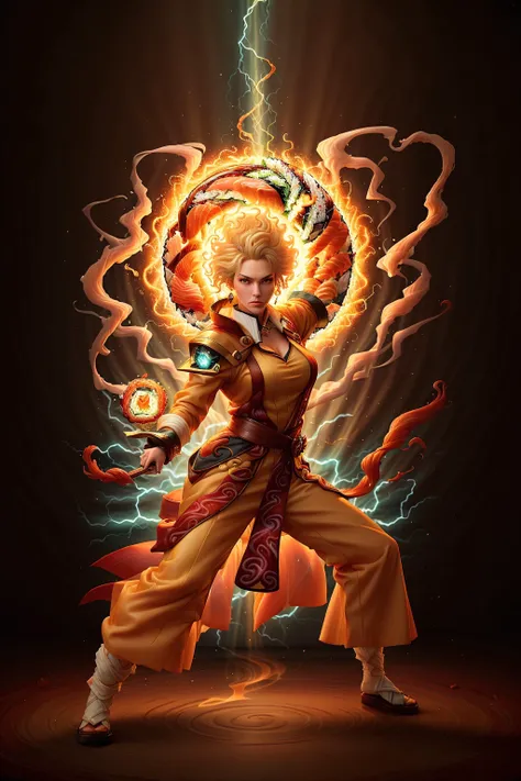 <lora:SushiStyle:1>SushiStyle, solo, masterpiece, best quality, perfect face, medium shot of a Elemental mage with curly light blonde hair, (surrounded by intense swirling magical energy:1.2), dominant and intimidating, Mahogany witch clothes, intricate and elegant, colorful, vivid, fighting stance