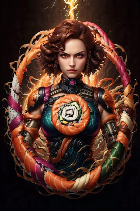 <lora:SushiStyle:1>SushiStyle, solo, masterpiece, best quality, perfect face, medium shot of a Cybernetic assassin with curly Brown hair, (surrounded by intense swirling magical energy:1.2), dominant and intimidating, Magenta witch clothes, intricate and elegant, colorful, vivid, fighting stance