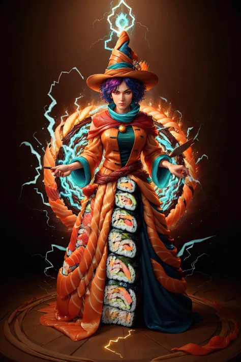 <lora:SushiStyle:1>SushiStyle, solo, masterpiece, best quality, perfect face, medium shot of a Spellweaver with curly Cyan hair, (surrounded by intense swirling magical energy:1.2), dominant and intimidating, Burnt sienna witch clothes, intricate and elegant, colorful, vivid, fighting stance