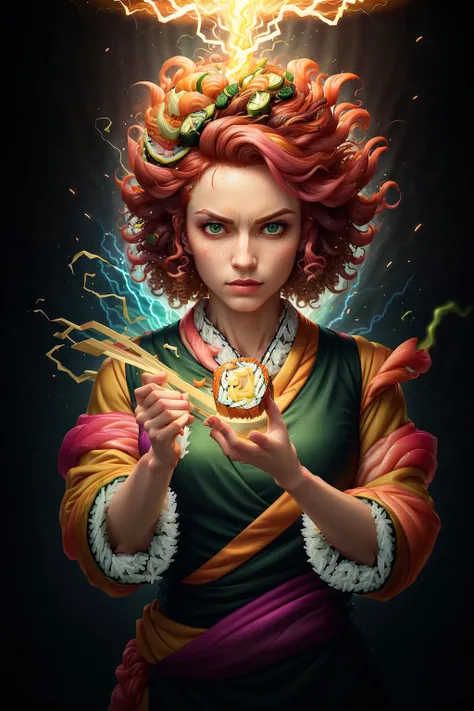 <lora:SushiStyle:1>SushiStyle, solo, masterpiece, best quality, perfect face, medium shot of a Abjurer with curly Pink hair, (surrounded by intense swirling magical energy:1.2), dominant and intimidating, Chartreuse green witch clothes, intricate and elegant, colorful, vivid, fighting stance
