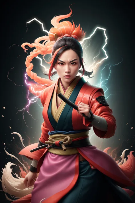 <lora:SushiStyle:0.75>SushiStyle:0.75, solo, masterpiece, best quality, perfect face, medium shot of a Medium woman with a medium body. As a Steam-powered samurai with with short hair:0.75 gray hair with Cyan streaks, (surrounded by intense swirling magical energy:1.2), dominant and intimidating, Coral pink colored clothes, intricate and elegant, colorful, vivid, fighting stance