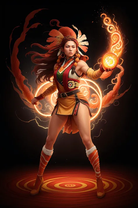 <lora:SushiStyle:0.75>SushiStyle:0.75, solo, masterpiece, best quality, perfect face, medium shot of a Indigenous woman with a assymmetric body. As a Crystal sorceress with with long hair:0.75 Gold hair with red streaks, (surrounded by intense swirling magical energy:1.2), dominant and intimidating, Burnt sienna colored clothes, intricate and elegant, colorful, vivid, fighting stance