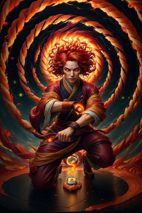 <lora:SushiStyle:1>SushiStyle, solo, masterpiece, best quality, perfect face, medium shot of a Blood Mage with curly Red hair, (surrounded by intense swirling magical energy:1.2), dominant and intimidating, Slate witch clothes, intricate and elegant, colorful, vivid, fighting stance