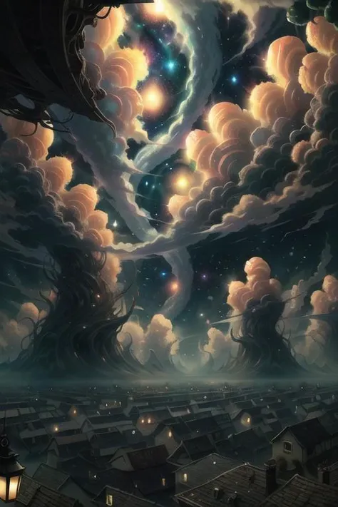 EldritchTech cosmic SushiStyle sky over a peaceful village <lora:SushiStyle:0.7> <lora:CosmicEldritchTech:0.6>