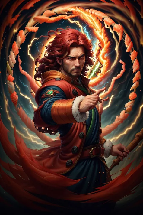 <lora:SushiStyle:1>SushiStyle, solo, masterpiece, best quality, perfect face, medium shot of a Archmage with curly titian hair, (surrounded by intense swirling magical energy:1.2), dominant and intimidating, Coral red witch clothes, intricate and elegant, colorful, vivid, fighting stance