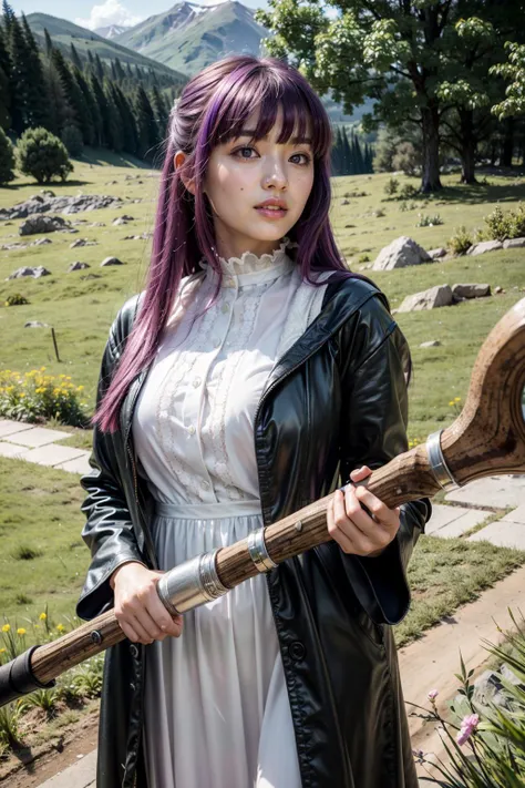 (realistic:1.3), finely detailed, quality, rembrandt lighting, (masterpiece:1.2), (photorealistic:1.2), (best quality), (detailed skin:1.3), (intricate details), dramatic, ray tracing, 1girl, japanese girl, 21 years old, detailed skin texture, (blush:0.5), (goosebumps:0.5), subsurface scattering, smiling, aafern, long hair, (purple hair:1.2), blunt bangs, purple eyes, large breasts, long dress, white dress, black robe, long sleeves, cowboy shot, holding staff, (bright sunny day, outdoors, (wide open grassy field, gentle hills far away:1.2), sky), <lora:fern_(sousou_no_frieren)_v1:0.8>