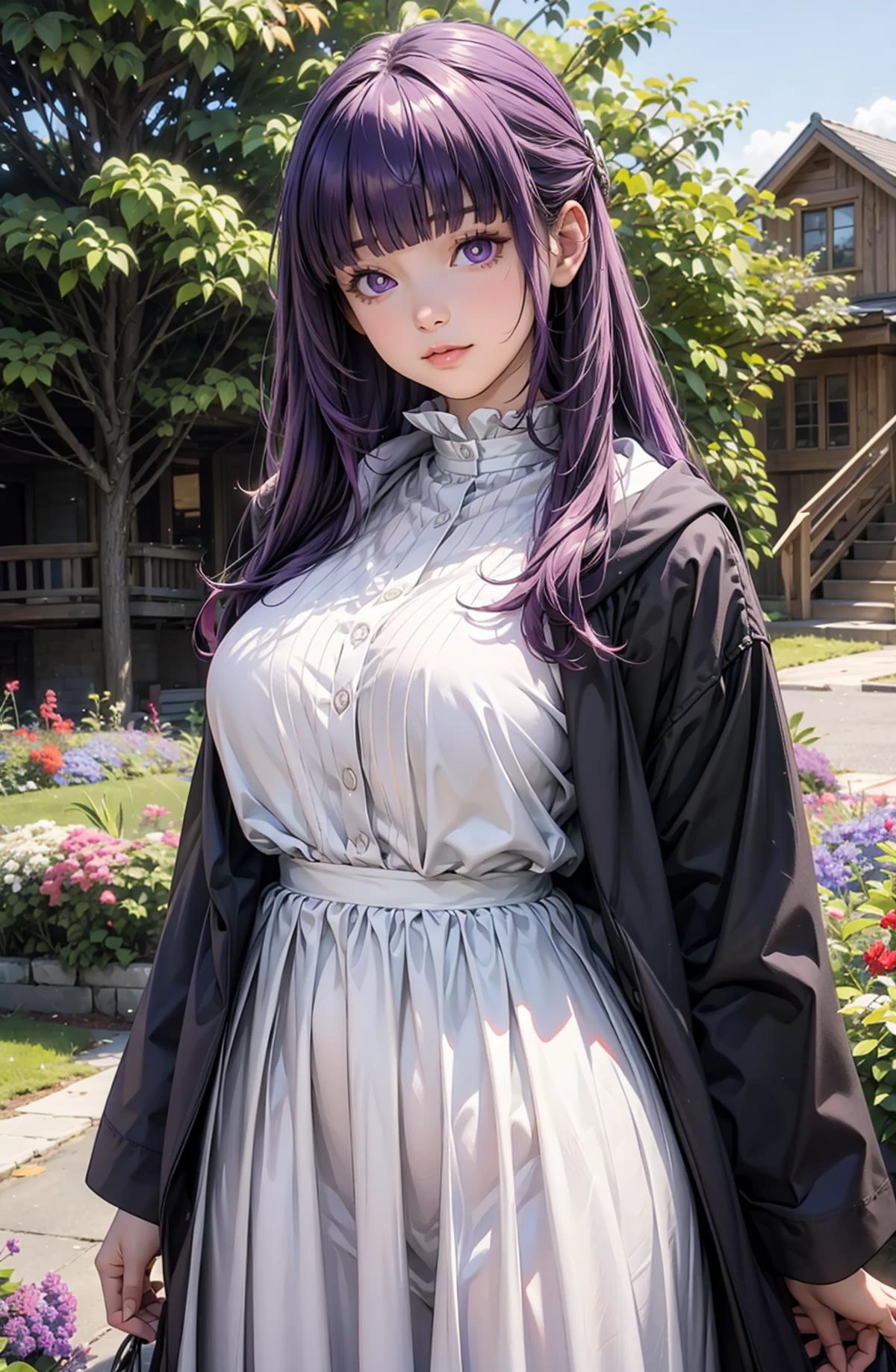 (NSWF:1.2),a cute girl,perfect face, large breasts,detailed background,extremely detailed cg unity 8k wallpaper,ultra highres,<lora:GoodHands-vanilla:1>, <lora:add_detail:0.6>, <lora:fern_(sousou_no_frieren)_v1:1>,aafern, long hair, purple hair, blunt bangs, purple eyes, large breasts, long dress, white dress, black robe, long sleeves, tall stature, vibrant wildflower field, cinematic lighting,tits out,open shirts,