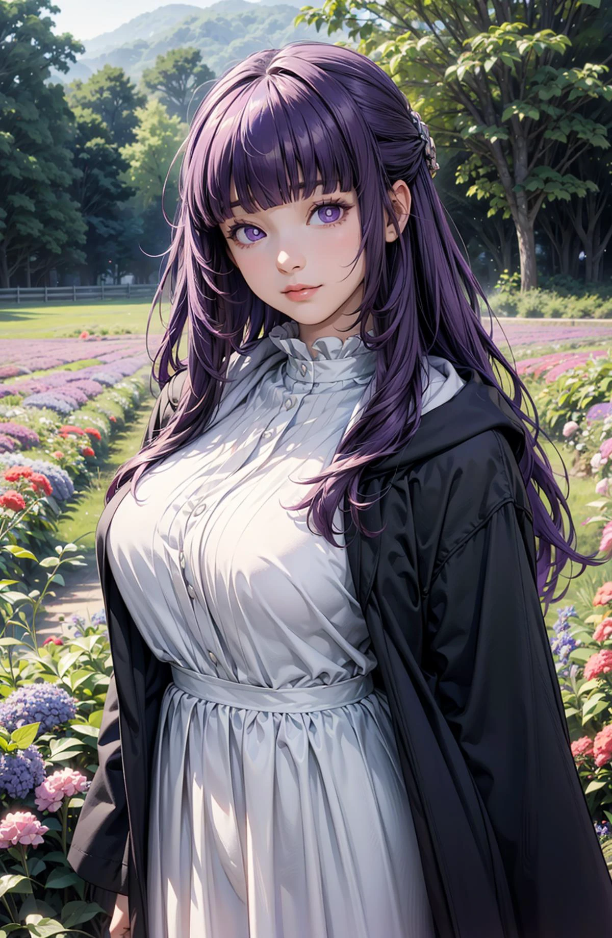 ,a cute girl,perfect face, large breasts,detailed background,extremely detailed cg unity 8k wallpaper,ultra highres,<lora:GoodHands-vanilla:1>, <lora:add_detail:0.6>, <lora:fern_(sousou_no_frieren)_v1:1>,aafern, long hair, purple hair, blunt bangs, purple eyes, large breasts, long dress, white dress, black robe, long sleeves, tall stature, vibrant wildflower field, volumetric rays, cinematic lighting, atmospheric perspective