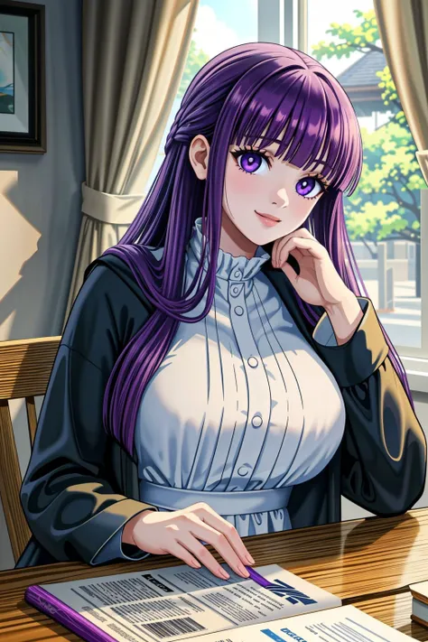 <lora:lcm_lora_sd15:1>,
(masterpiece,best quality,8k,beautiful and aesthetic:1.2),
solid-best-physical-appearance-perfect::2,
cosplay,Smile,HUGE BREASTS,(floating hair:1.2),PERFECTEYES EYES,narrow_waist,slender,skinny,(dynamic_angle),sexy posture,
<lora:(lv)P+h<.fern_(sousou_no_frieren)_v1:0.7>,
aafern,(purple eyes),long hair,purple hair,blunt bangs,
long dress,(white dress),black robe,long sleeves,
head rest,elbows on table,upper body,
indoor,table,
<lora:[R]Xn}0{LORA.add_detail:0.2>,
<lora:[OMQ*S][vw<w[.locon_perfecteyes_v1_from_v1_64_32:0.6>,