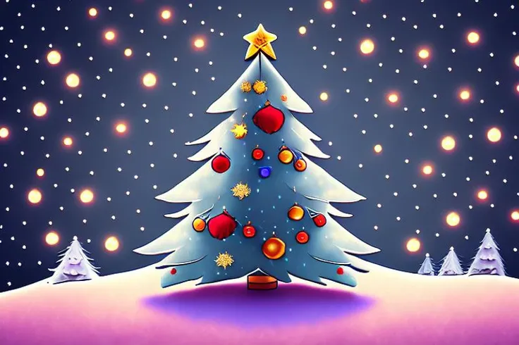 (8K Unity wallpaper) in the style of vladstudio, a Christmas tree with lights in the snow a night sky and stars in the background