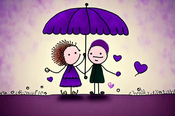 (8K Unity wallpaper) in the style of vladstudio, a couple of people standing under an umbrella in the rain under a purple sky with hearts on it and a purple background