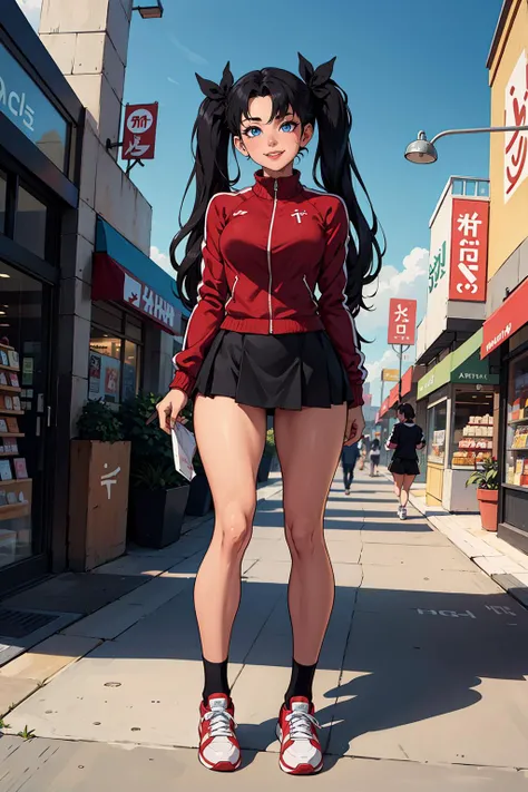 masterpiece, best quality, <lora:EPfsnRin-08:0.7>, EPfsnRin, black hair, very long hair, twintails, two side up, bow, asymmetrical, shopping mall, stores, signs, day, arms behind back, track jacket, mini skirt, sneakers, light smile