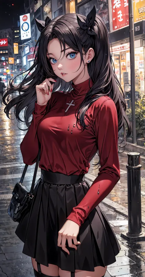 1girl, standing in the rain
BREAK
standing, facing viewer
BREAK
Rin Tohsaka, tohsakarin
BREAK
dark hair, long hair, black hair, two side up, twin-tails
BREAK
sweater, long sleeves, red sweater
BREAK
thighhighs, garter straps, zettai ryouiki, (black pleated skirt)
BREAK
jewel-like blue eyes,
BREAK
heavy rain, wet, outside street, tokyo, night, street light, bokeh
BREAK
<lora:EPfsnRin:0.8>, EPfsnRin