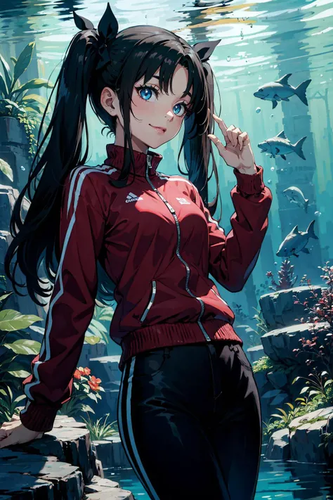 masterpiece, best quality, <lora:EPfsnRin-08:0.7>, EPfsnRin, black hair, very long hair, twintails, two side up, bow, partially underwater shot, jungle, evening, index finger raised, track jacket, pants, smile