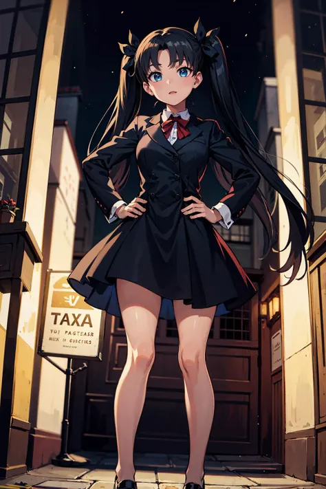 masterpiece, best quality, <lora:EPfsnRin-08:0.7>, EPfsnRin, black hair, very long hair, twintails, two side up, bow, rotational symmetry, armory, night, pray hand on hip, taxi driver costume, ribbon trim, dress shoes, nervous